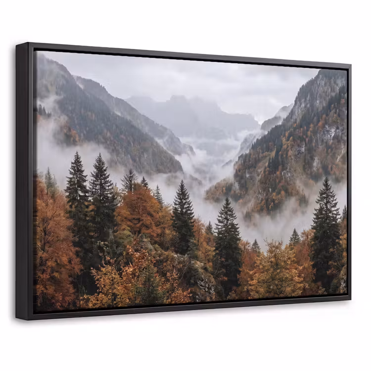 Canvas met lijst - Bergen - Vallei - Mist - Herfst - Natuur — 1