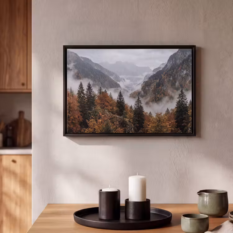 Canvas met lijst - Bergen - Vallei - Mist - Herfst - Natuur — 2