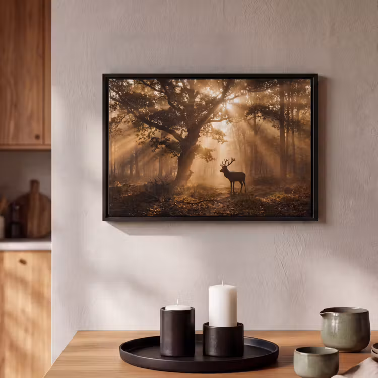 Canvas met lijst - Hert - Bos - Mistig - Natuur - Goud — 2