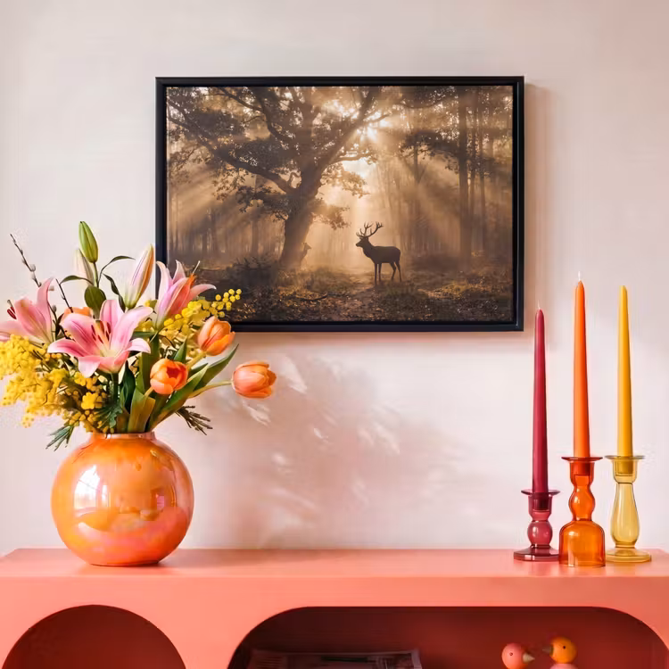 Canvas met lijst - Hert - Bos - Mistig - Natuur - Goud — 4