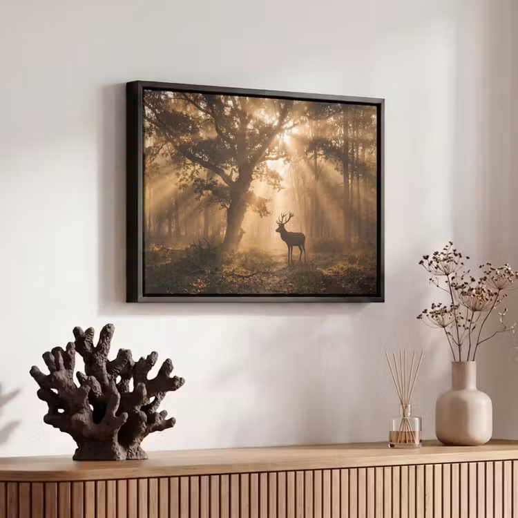 Canvas met lijst - Hert - Bos - Mistig - Natuur - Goud — 6