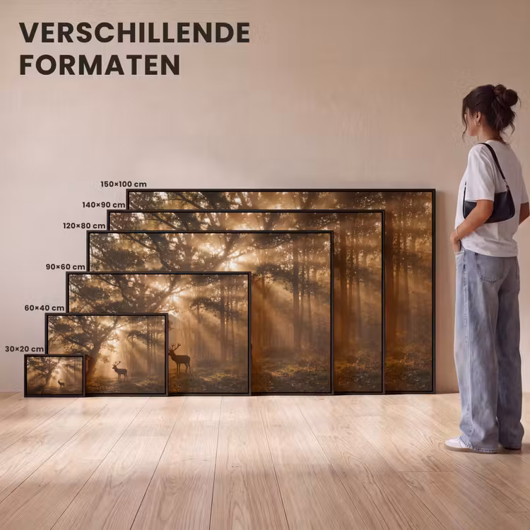 Canvas met lijst - Hert - Bos - Mistig - Natuur - Goud — 7