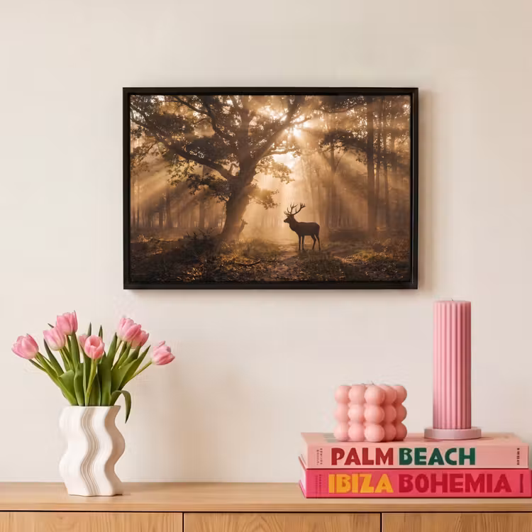 Canvas met lijst - Hert - Bos - Mistig - Natuur - Goud — 8