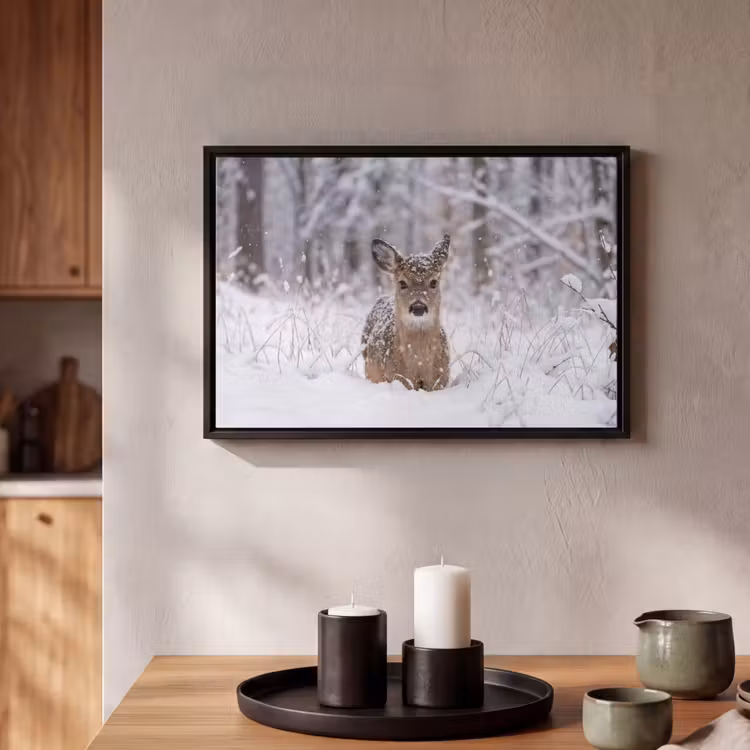 Canvas met lijst - Hert - Sneeuw - Bos - Dieren - Vertederend — 2