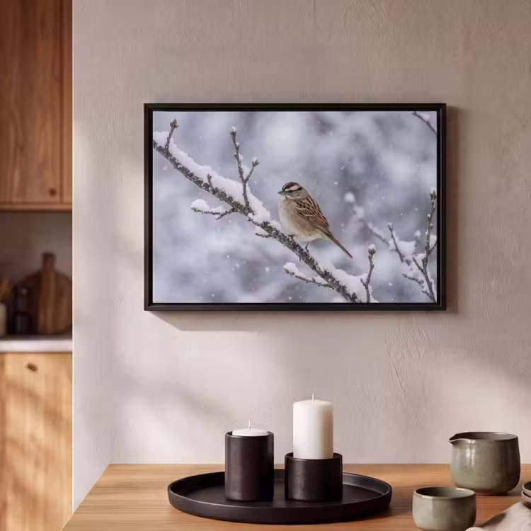 Canvas met lijst - Vogel - Tak - Sneeuw - Winter — 2