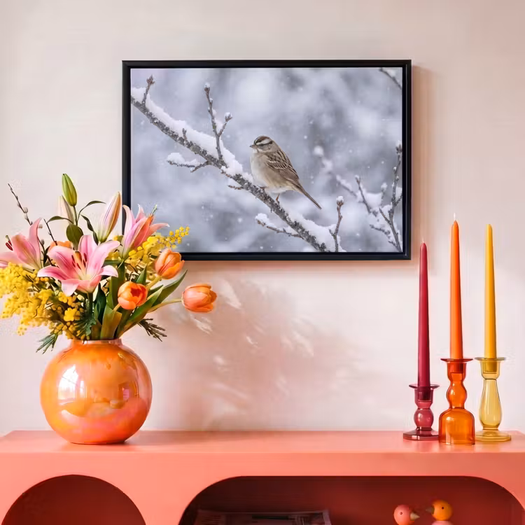 Canvas met lijst - Vogel - Tak - Sneeuw - Winter — 4