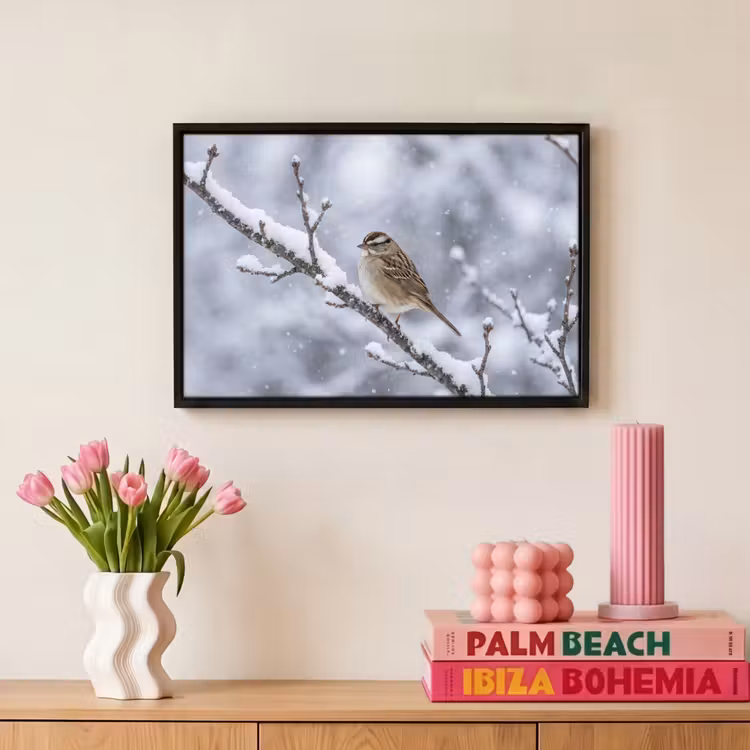 Canvas met lijst - Vogel - Tak - Sneeuw - Winter — 8