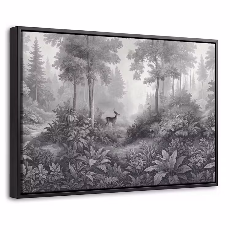 Canvas met lijst - Bos - Hert - Zwart - Wit — 1