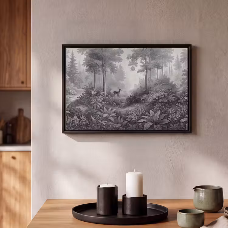 Canvas met lijst - Bos - Hert - Zwart - Wit — 2