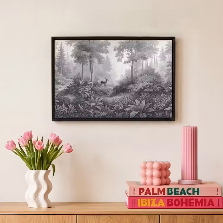 Canvas met lijst - Bos - Hert - Zwart - Wit — 8