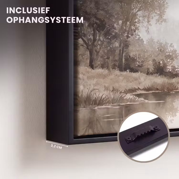 Canvas met lijst - Rivierlandschap - Minimalistisch - Aardetinten — 3