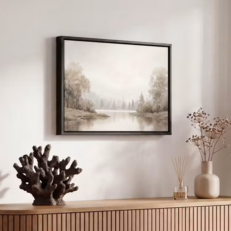 Canvas met lijst - Rivierlandschap - Minimalistisch - Aardetinten — 6