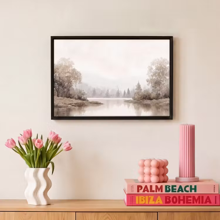 Canvas met lijst - Rivierlandschap - Minimalistisch - Aardetinten — 8