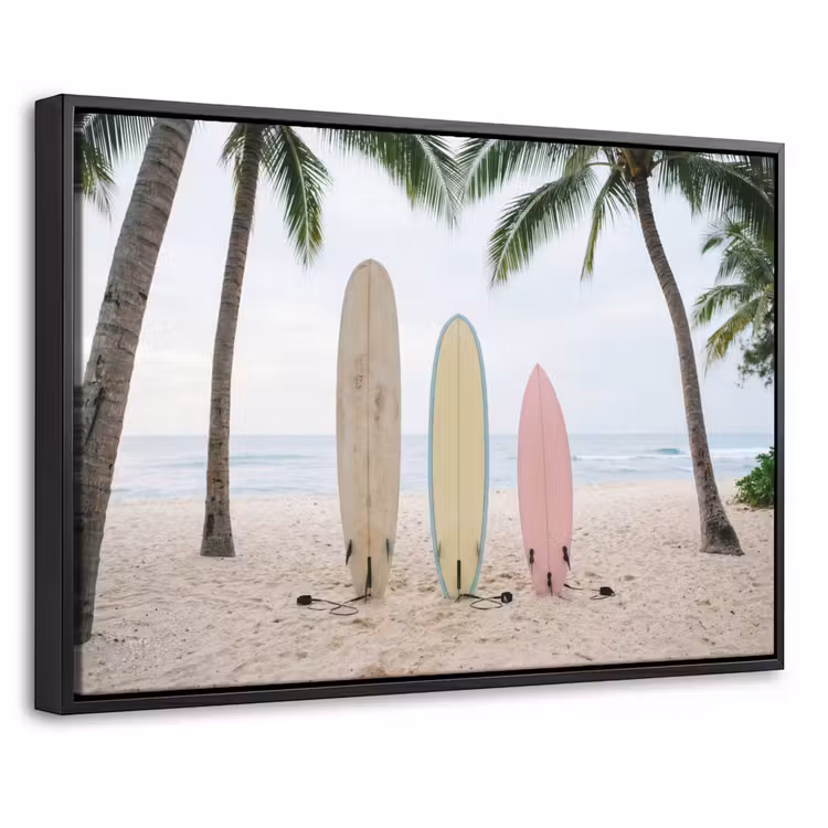 Canvas met lijst - Surfboard - Palmbomen - Kleurrijk — 1