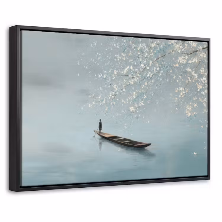 Canvas met lijst - Bloesems - Minimalistisch - Wateroppervlak - Boot — 1