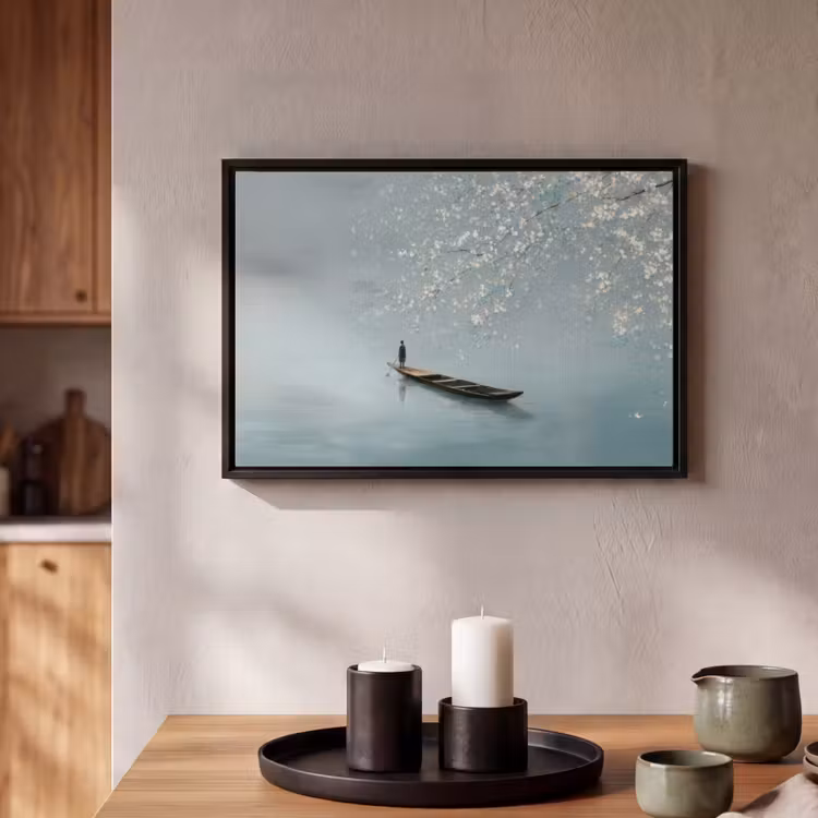 Canvas met lijst - Bloesems - Minimalistisch - Wateroppervlak - Boot — 2