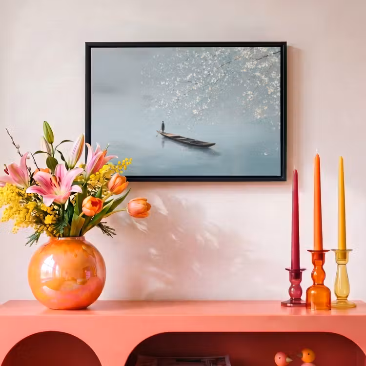 Canvas met lijst - Bloesems - Minimalistisch - Wateroppervlak - Boot — 4