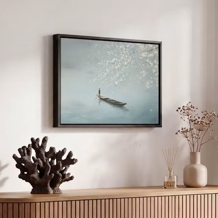 Canvas met lijst - Bloesems - Minimalistisch - Wateroppervlak - Boot — 6