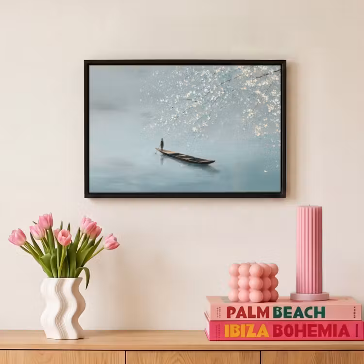 Canvas met lijst - Bloesems - Minimalistisch - Wateroppervlak - Boot — 8