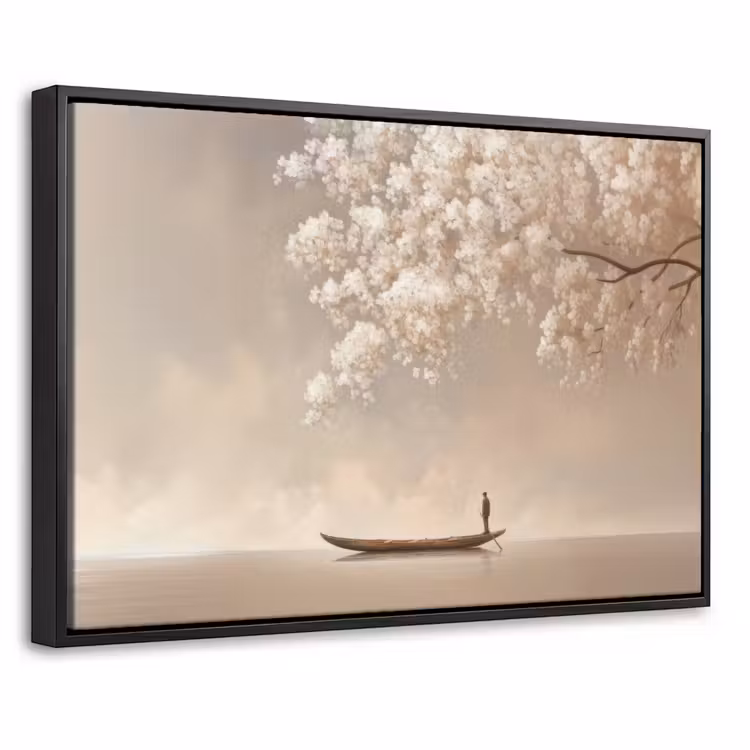 Canvas met lijst - Bloesems - Wit - Boot - Minimalistisch — 1