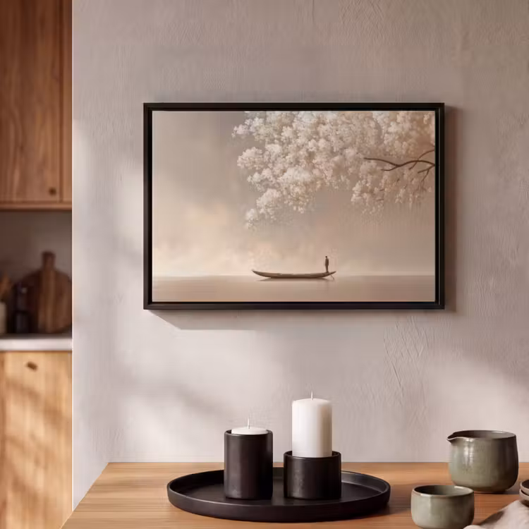 Canvas met lijst - Bloesems - Wit - Boot - Minimalistisch — 2
