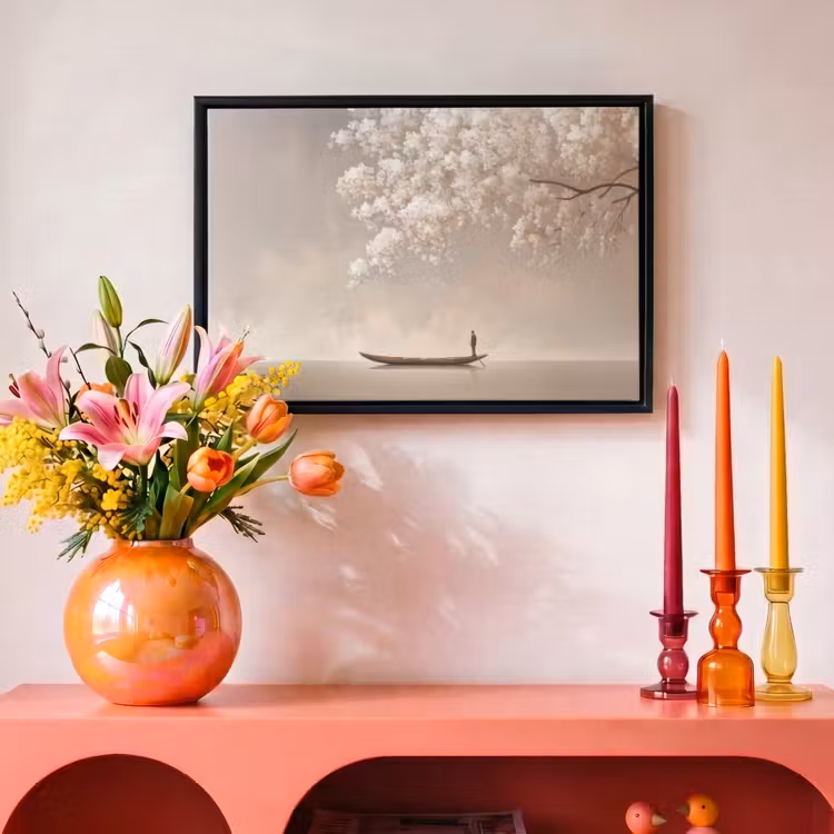 Canvas met lijst - Bloesems - Wit - Boot - Minimalistisch — 4