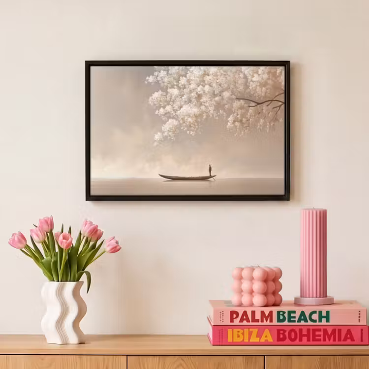 Canvas met lijst - Bloesems - Wit - Boot - Minimalistisch — 8