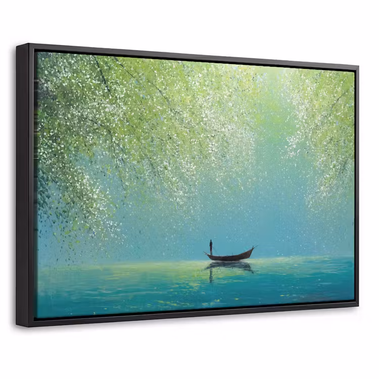Canvas met lijst - Bootje - Water - Bladeren - Bloesems — 1