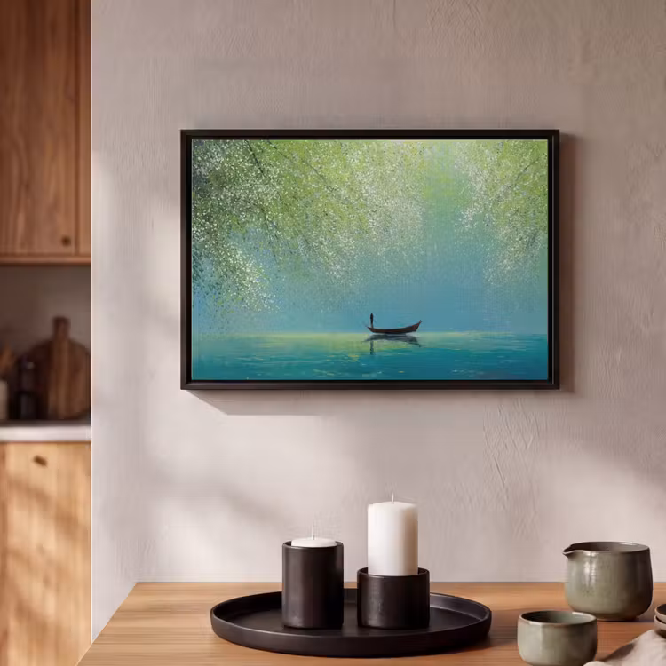 Canvas met lijst - Bootje - Water - Bladeren - Bloesems — 2
