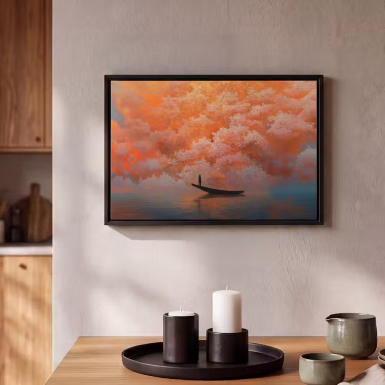 Canvas met lijst - Zee - Boot - Wolken - Oranje — 2