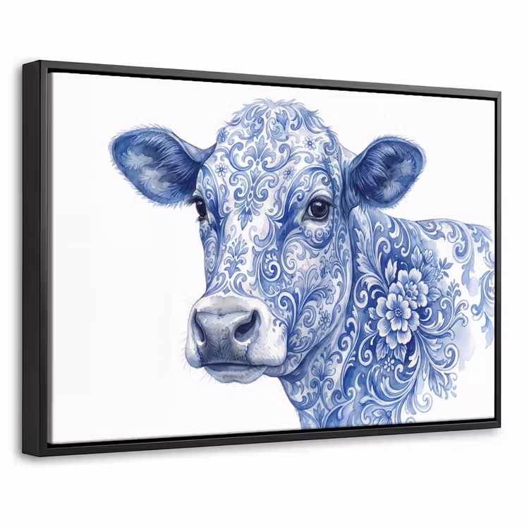 Canvas met lijst - Illustratie - Koe - Blauw — 1