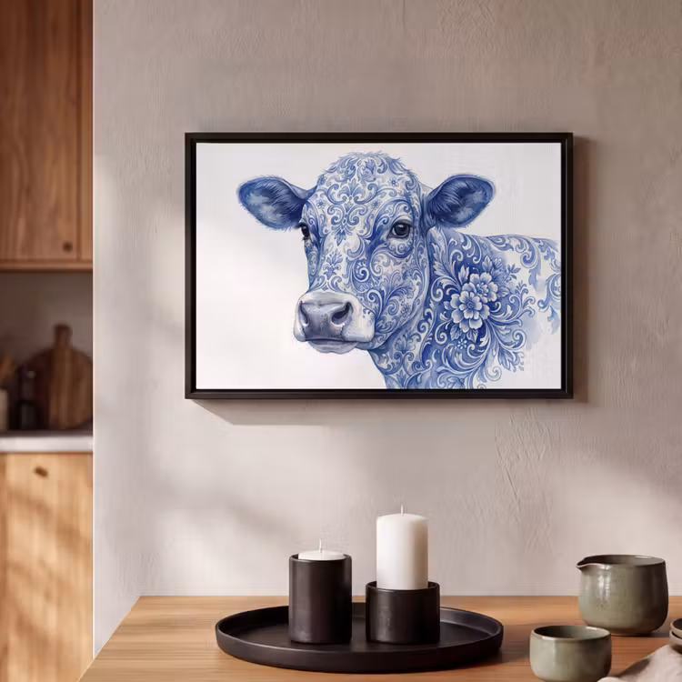 Canvas met lijst - Illustratie - Koe - Blauw — 2