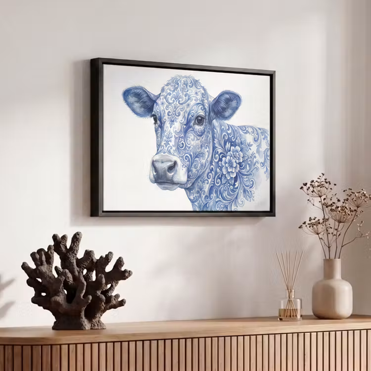 Canvas met lijst - Illustratie - Koe - Blauw — 6
