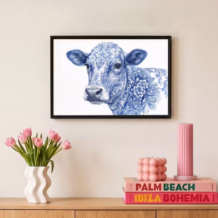 Canvas met lijst - Illustratie - Koe - Blauw — 8
