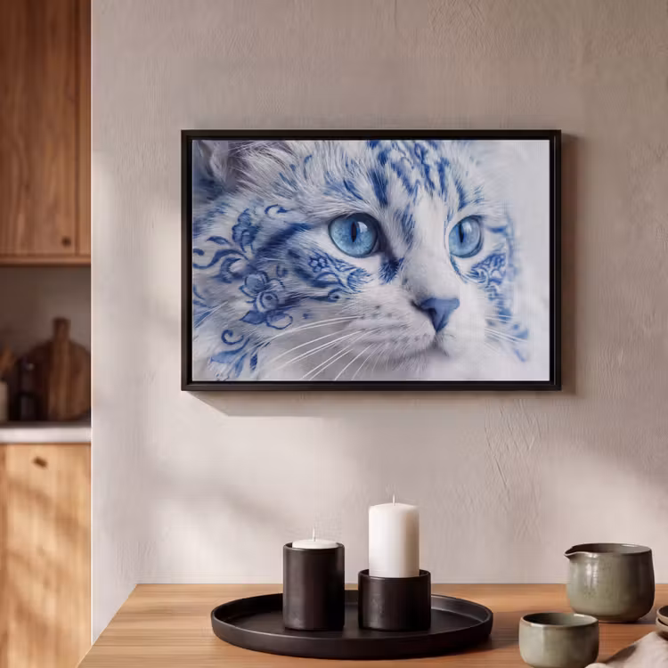 Canvas met lijst - Kat - Patroon - Blauw — 2
