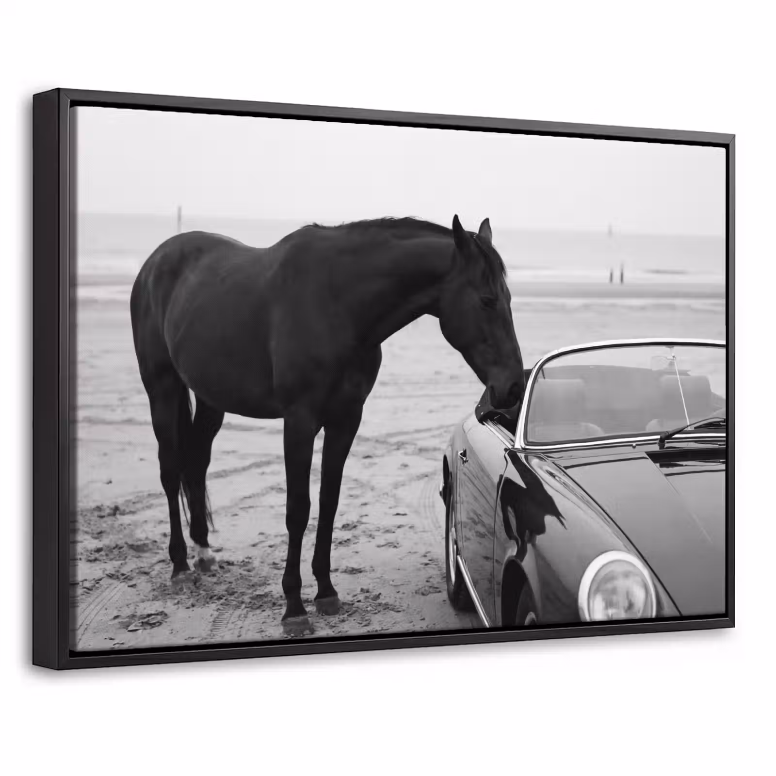 Canvas met lijst - Paard - Auto - Zwart - Wit — 1