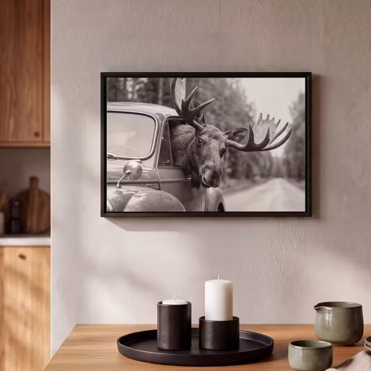 Canvas met lijst - Eland - Auto - Gewei - Zwart - Wit — 2