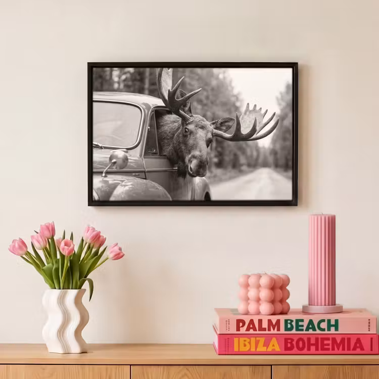 Canvas met lijst - Eland - Auto - Gewei - Zwart - Wit — 8