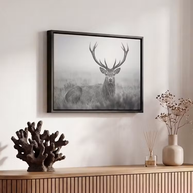 Canvas met lijst - Hert - Mistig - Zwart - Wit — 6