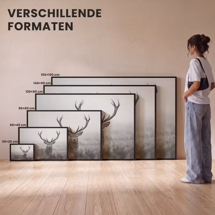 Canvas met lijst - Hert - Mistig - Zwart - Wit — 7