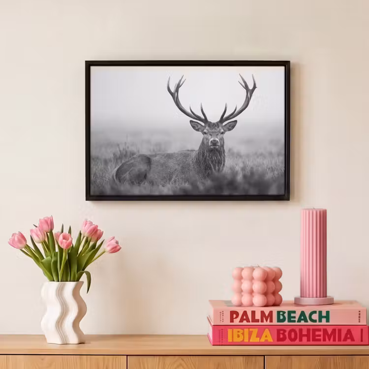 Canvas met lijst - Hert - Mistig - Zwart - Wit — 8