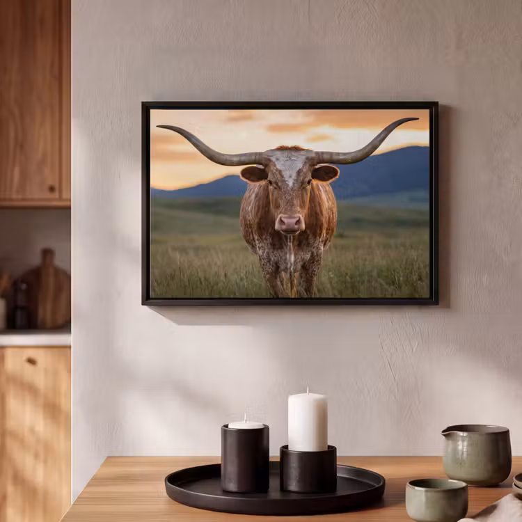 Canvas met lijst - Longhorn - Landschap - Zonsondergang — 2