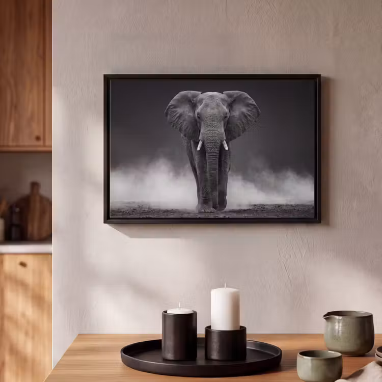Canvas met lijst - Olifant - Zwart - Wit - Rook — 2