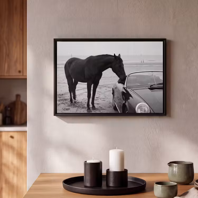 Canvas met lijst - Paard - Auto - Zwart - Wit — 2