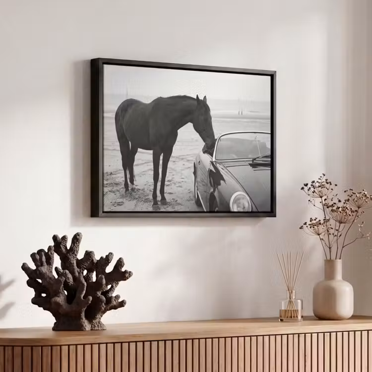 Canvas met lijst - Paard - Auto - Zwart - Wit — 6