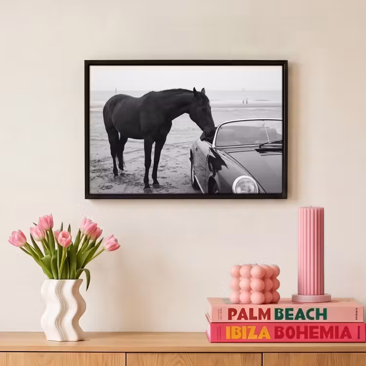 Canvas met lijst - Paard - Auto - Zwart - Wit — 8