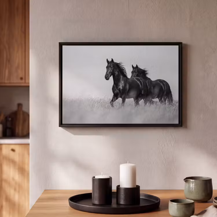Canvas met lijst - Paarden - Gras - Zwart - Wit — 2