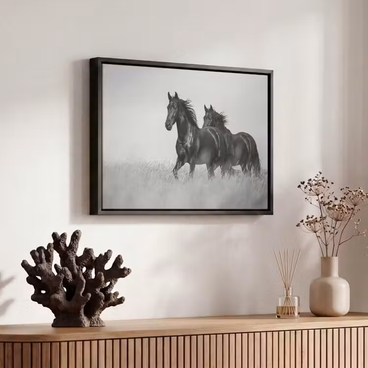 Canvas met lijst - Paarden - Gras - Zwart - Wit — 6