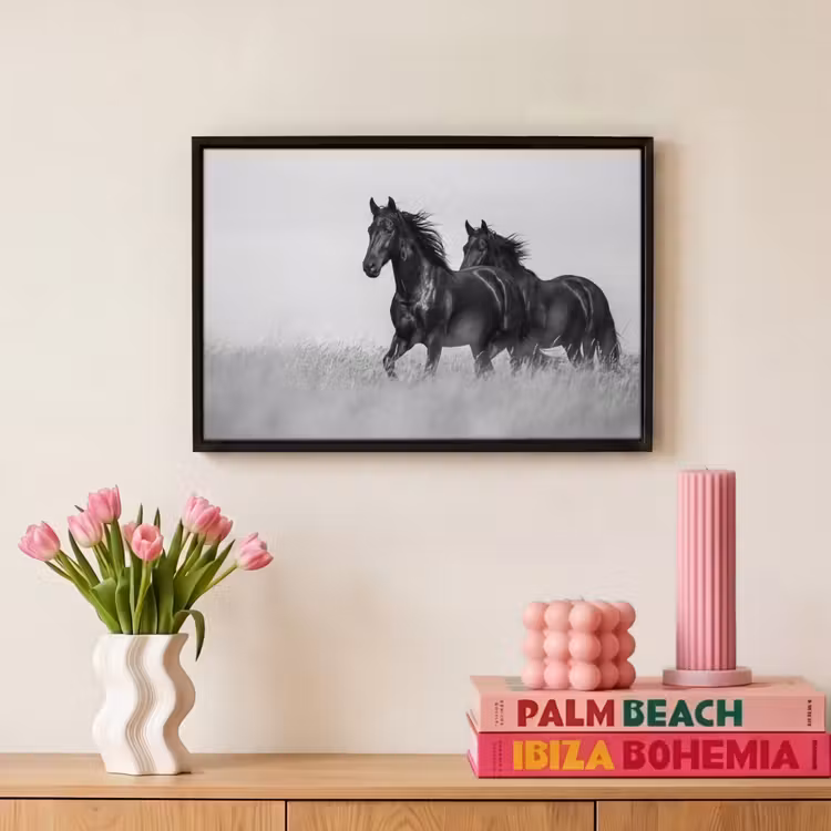 Canvas met lijst - Paarden - Gras - Zwart - Wit — 8