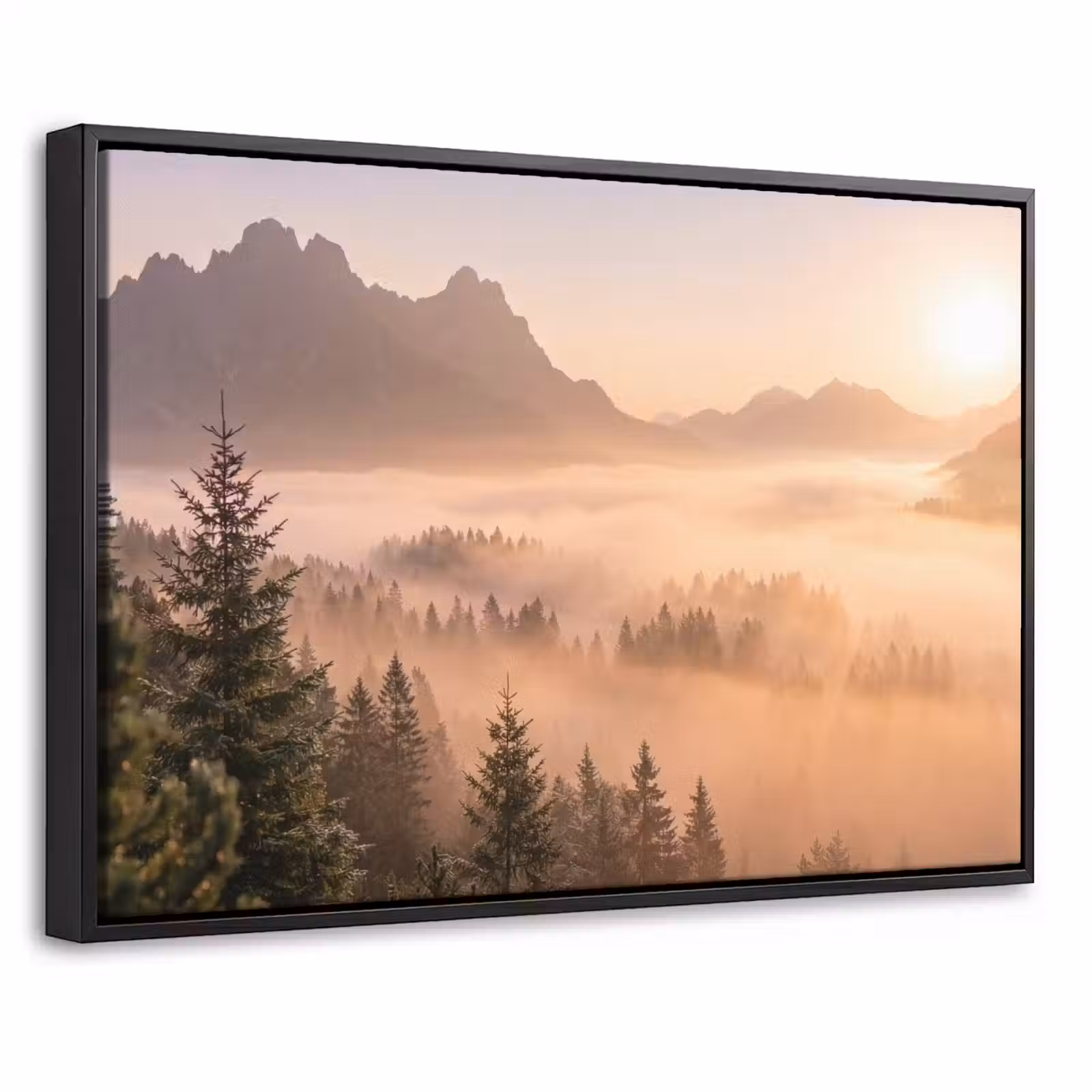 Canvas met lijst - Zonlicht - Mist - Bergen - Bomen — 1